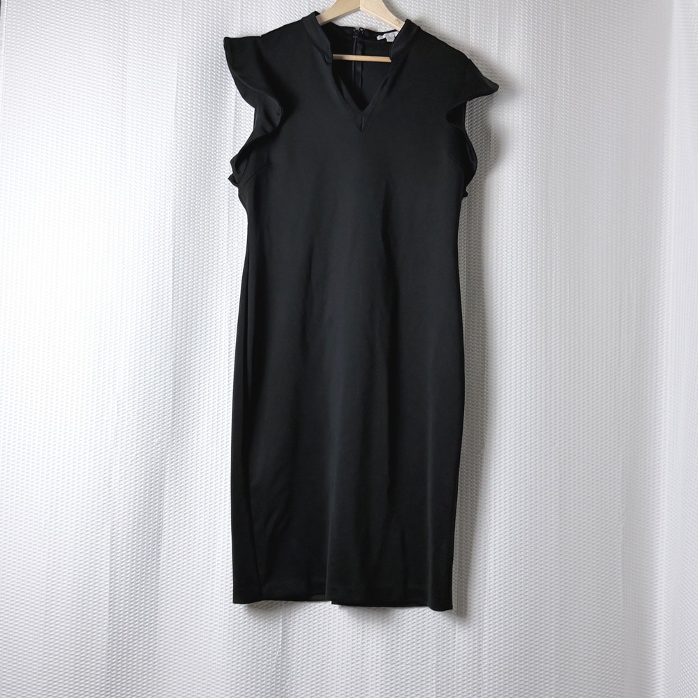 New York & Company Dress Women Large Black Ruffle Sheath Evening Office Wear LBD